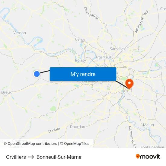 Orvilliers to Bonneuil-Sur-Marne map