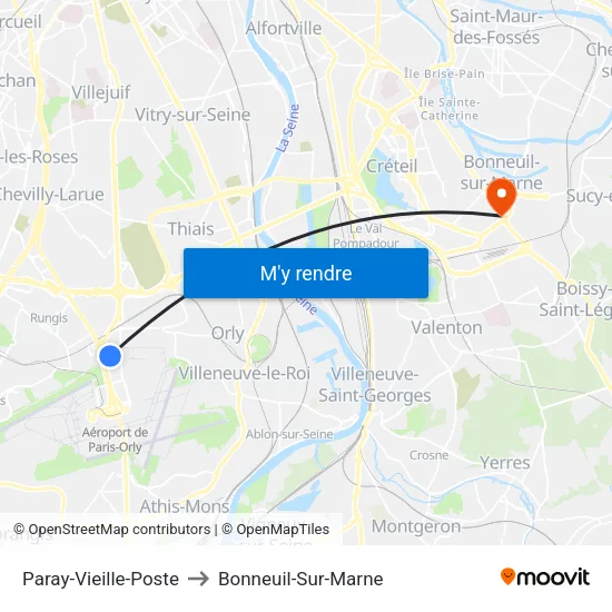 Paray-Vieille-Poste to Bonneuil-Sur-Marne map