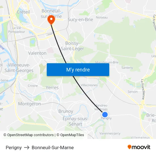 Perigny to Bonneuil-Sur-Marne map