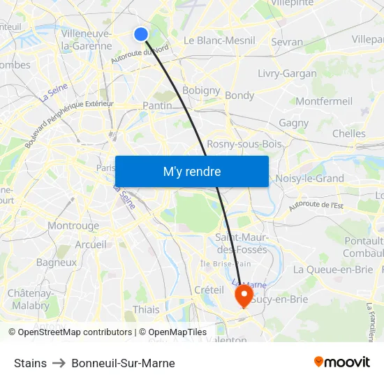 Stains to Bonneuil-Sur-Marne map