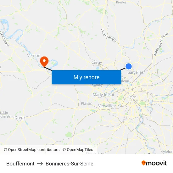 Bouffemont to Bonnieres-Sur-Seine map