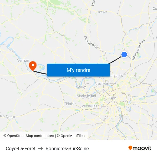 Coye-La-Foret to Bonnieres-Sur-Seine map