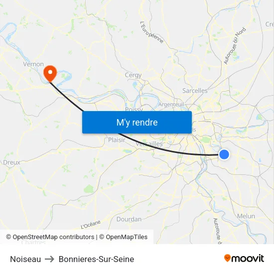 Noiseau to Bonnieres-Sur-Seine map