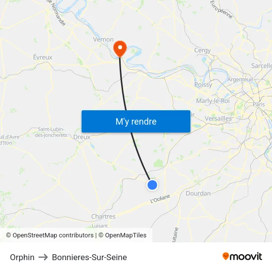 Orphin to Bonnieres-Sur-Seine map