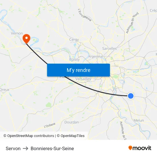 Servon to Bonnieres-Sur-Seine map
