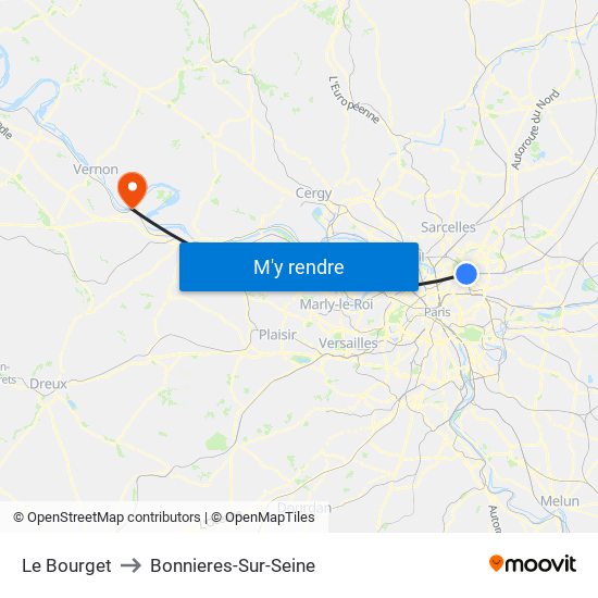 Le Bourget to Bonnieres-Sur-Seine map