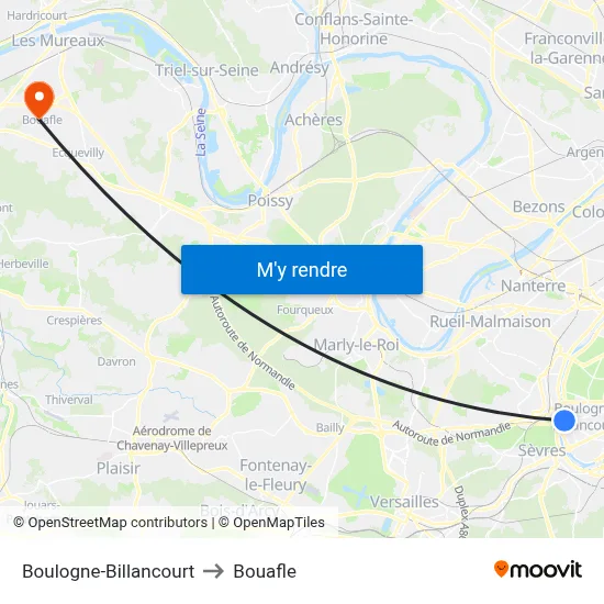 Boulogne-Billancourt to Bouafle map
