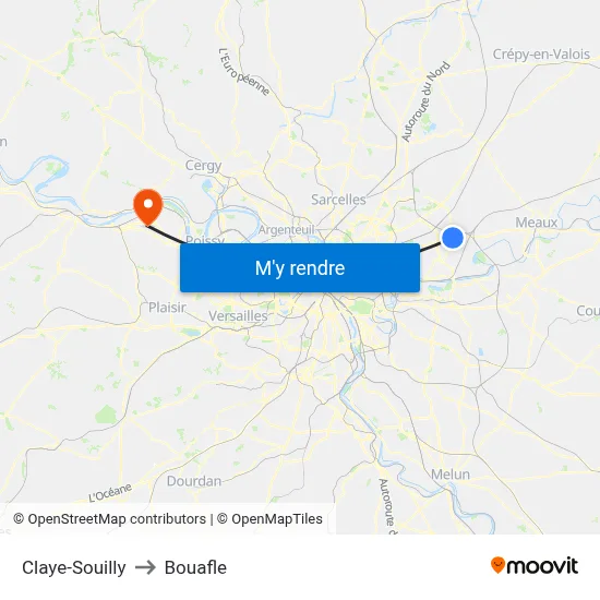 Claye-Souilly to Bouafle map