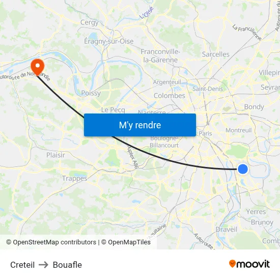 Creteil to Bouafle map