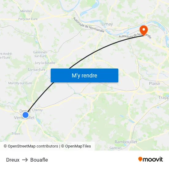 Dreux to Bouafle map