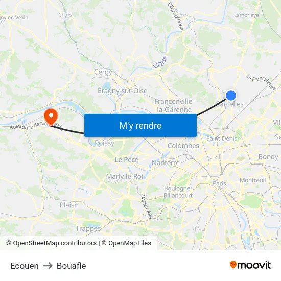 Ecouen to Bouafle map