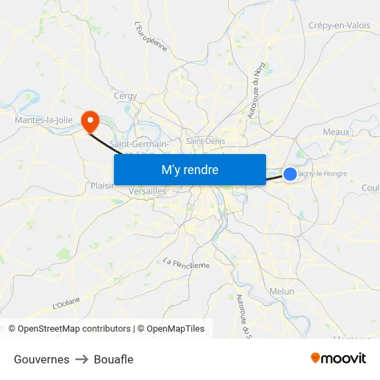 Gouvernes to Bouafle map