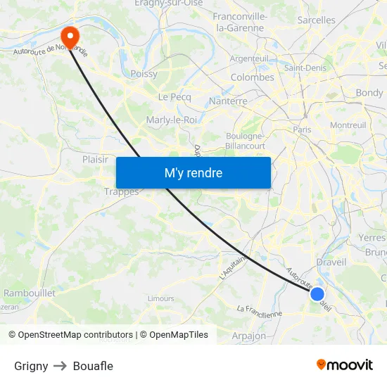 Grigny to Bouafle map