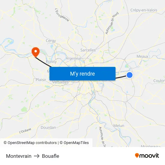 Montevrain to Bouafle map