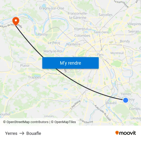 Yerres to Bouafle map