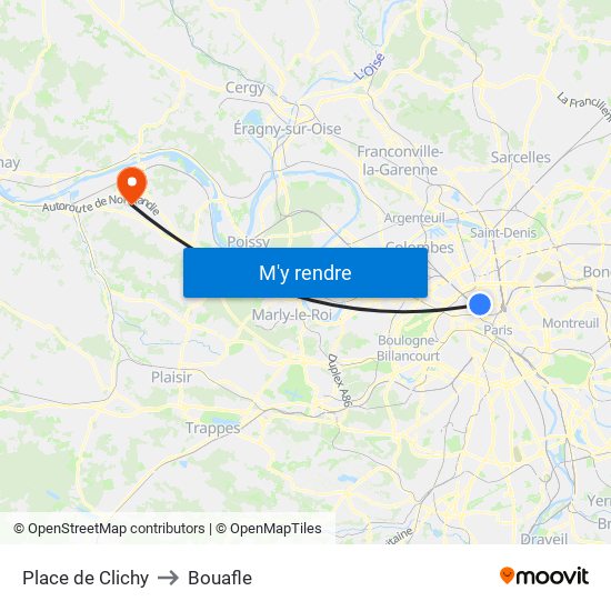 Place de Clichy to Bouafle map