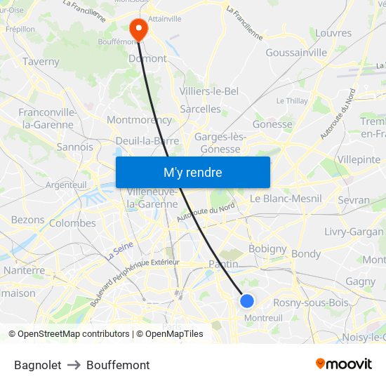 Bagnolet to Bouffemont map