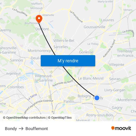 Bondy to Bouffemont map