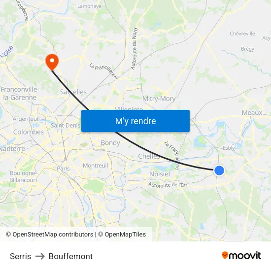 Serris to Bouffemont map