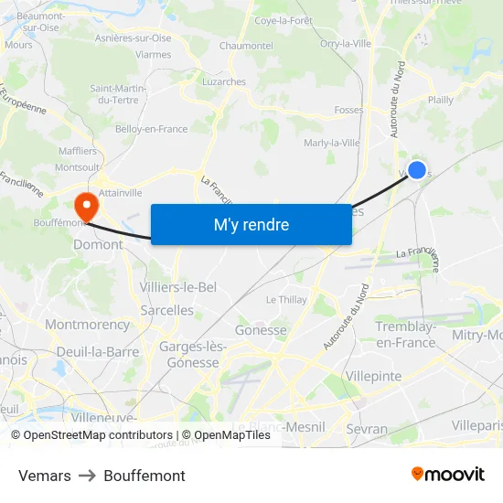Vemars to Bouffemont map
