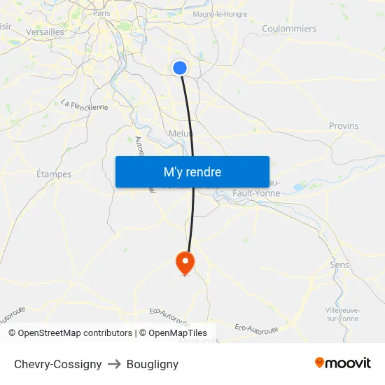 Chevry-Cossigny to Bougligny map