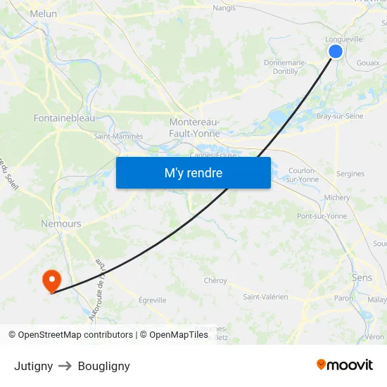 Jutigny to Bougligny map