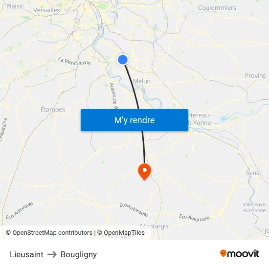 Lieusaint to Bougligny map