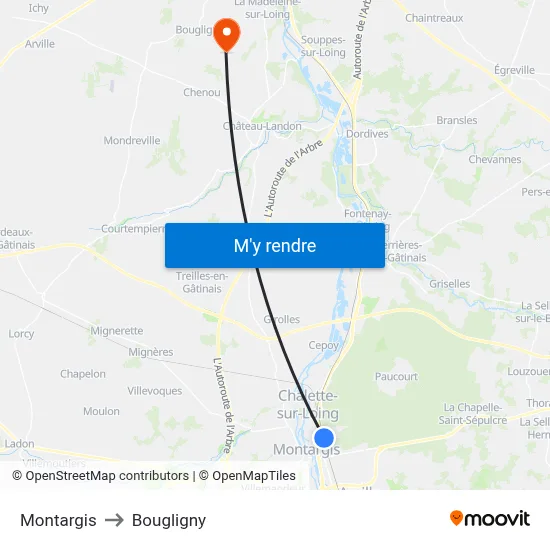 Montargis to Bougligny map