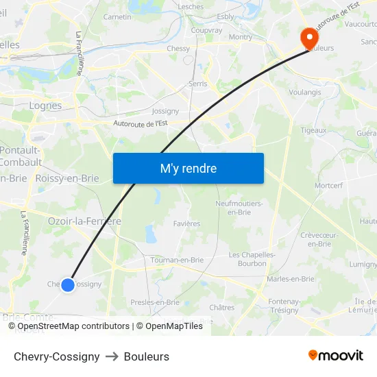 Chevry-Cossigny to Bouleurs map