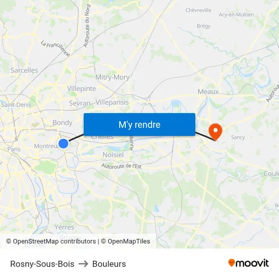 Rosny-Sous-Bois to Bouleurs map