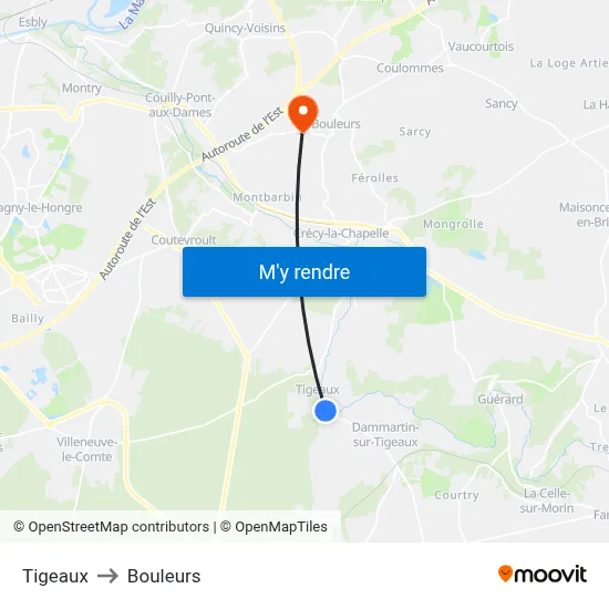 Tigeaux to Bouleurs map