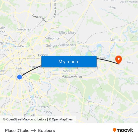 Place D'Italie to Bouleurs map