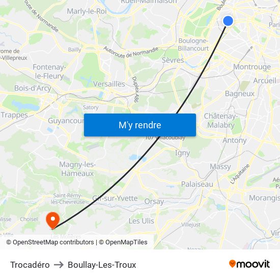 Trocadéro to Boullay-Les-Troux map