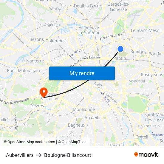 Aubervilliers to Boulogne-Billancourt map