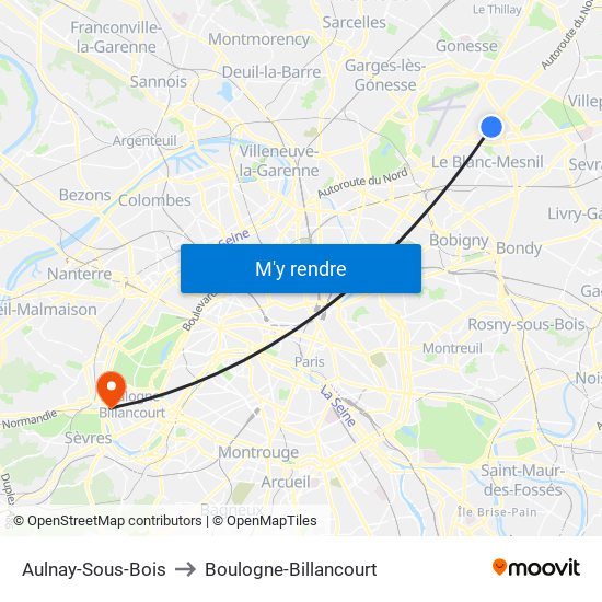 Aulnay-Sous-Bois to Boulogne-Billancourt map