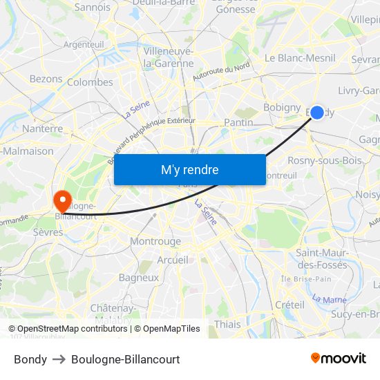 Bondy to Boulogne-Billancourt map