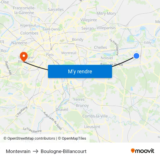 Montevrain to Boulogne-Billancourt map