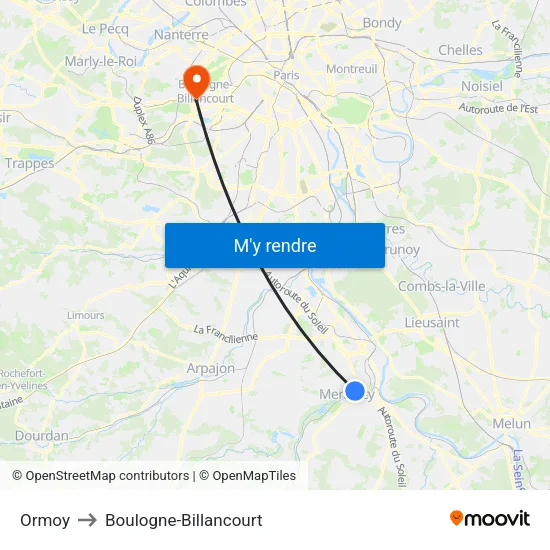 Ormoy to Boulogne-Billancourt map