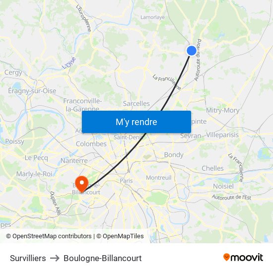 Survilliers to Boulogne-Billancourt map