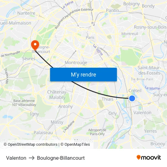 Valenton to Boulogne-Billancourt map