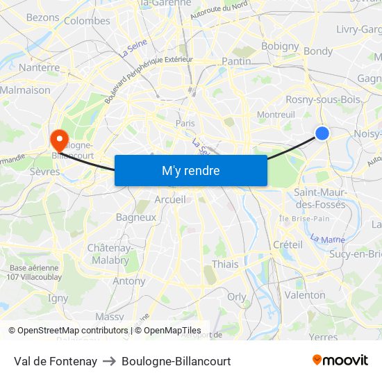 Val de Fontenay to Boulogne-Billancourt map