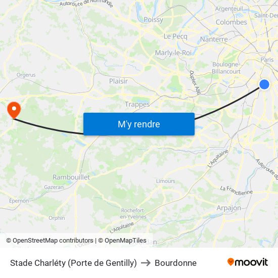 Stade Charléty (Porte de Gentilly) to Bourdonne map