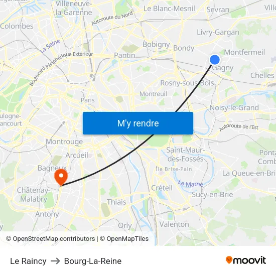 Le Raincy to Bourg-La-Reine map