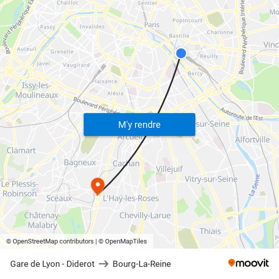 Gare de Lyon - Diderot to Bourg-La-Reine map