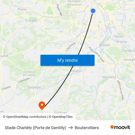 Stade Charléty (Porte de Gentilly) to Boutervilliers map