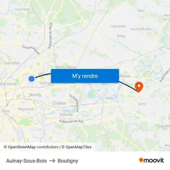 Aulnay-Sous-Bois to Boutigny map