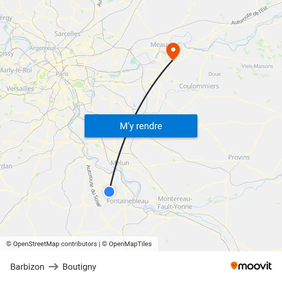 Barbizon to Boutigny map