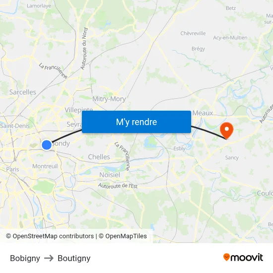 Bobigny to Boutigny map
