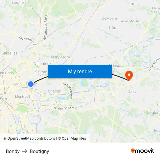 Bondy to Boutigny map