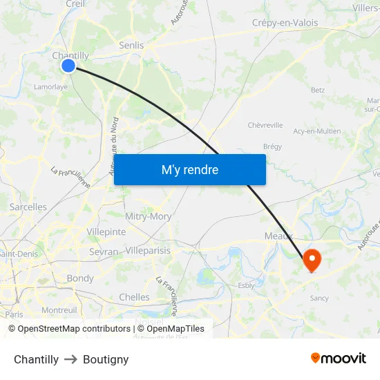 Chantilly to Boutigny map